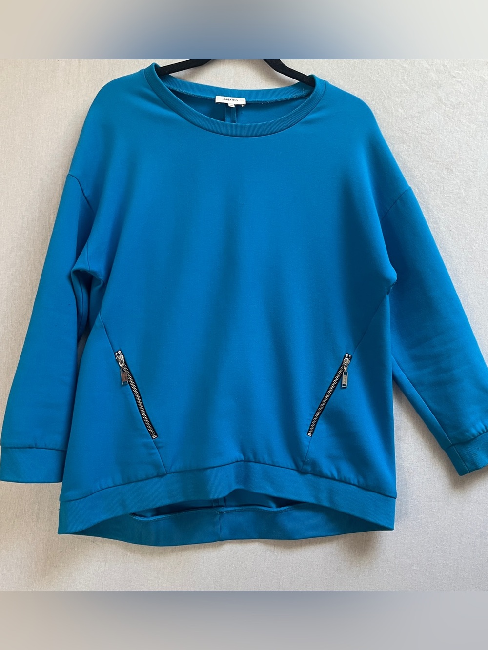 Babaton Size L Large Electric Blue Cotton Spandex Zip Pocket Crewneck Sweatshirt